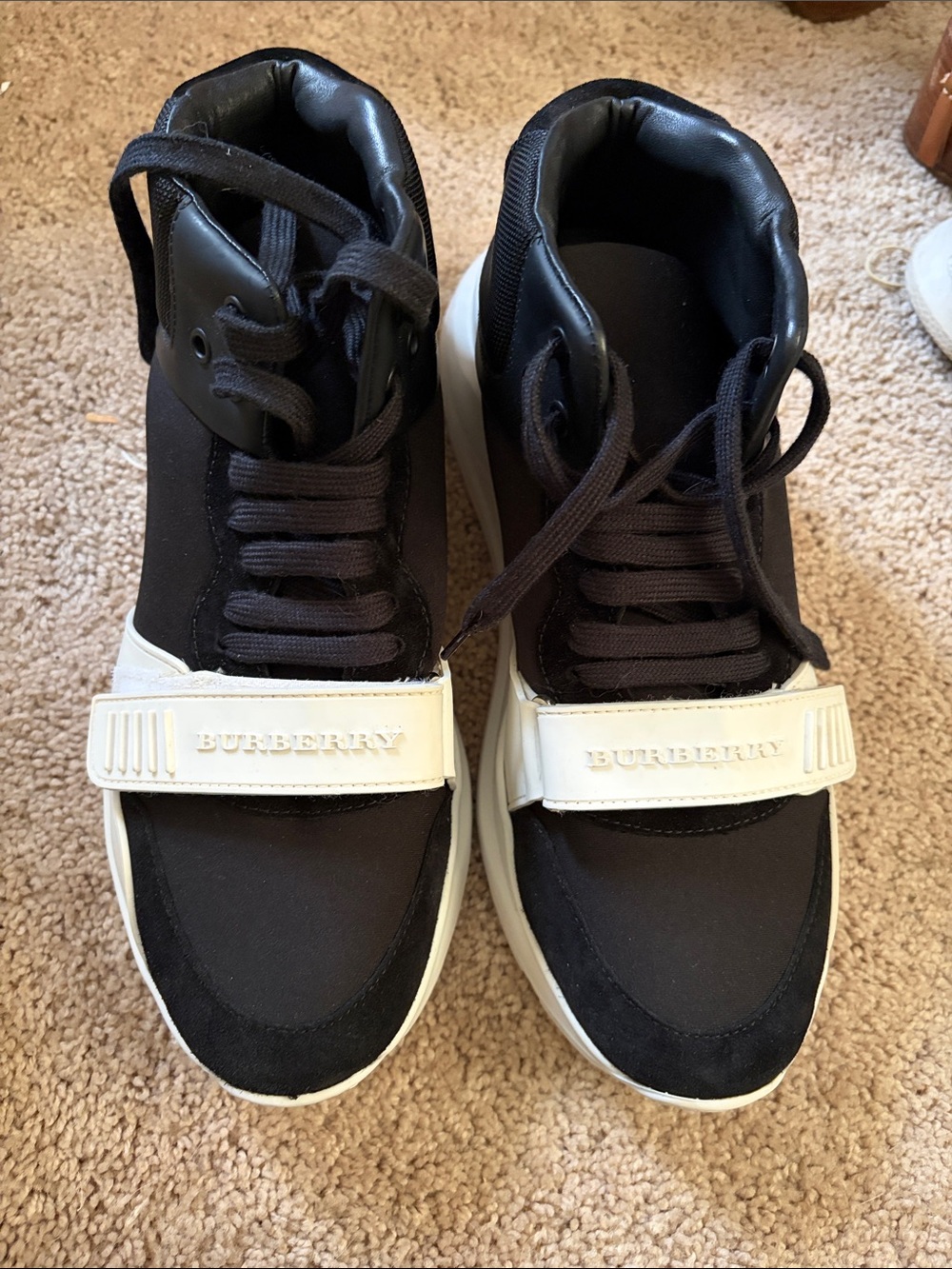 EUC Burberry Regis Black High-Top Sneakers with White Strap Detail